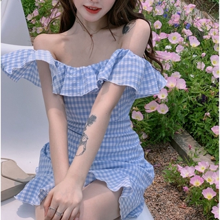 Đầm hở vai nhún bèo thời trang phong cách Hàn Quốc cho nữ