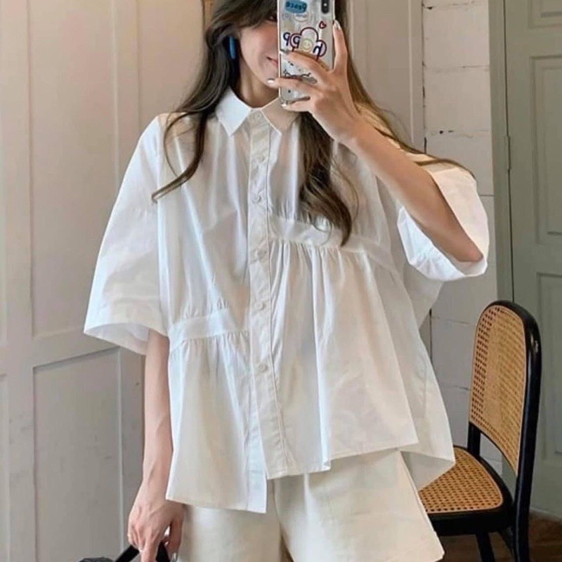 Áo sơ mi ngắn tay tay phồng phom babydoll phong cách nàng thơ dành cho nữ | BigBuy360 - bigbuy360.vn