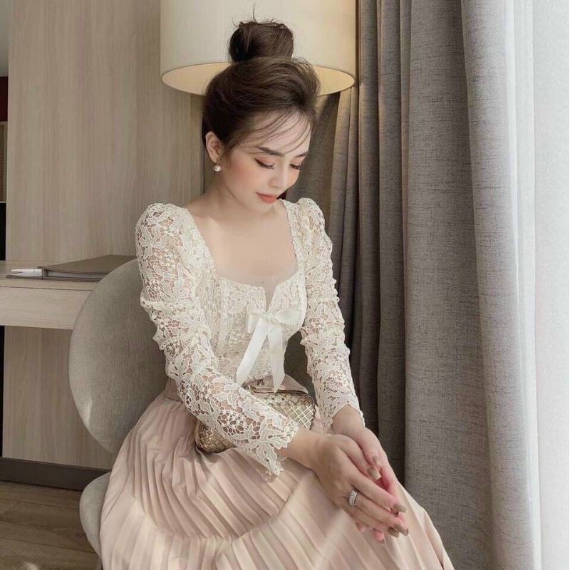 ÁO REN TAY DÀI 2 LỚP NƠ CÓ SẲN MÚT NGỰC ( ẢNH CHỤP THẬT )
