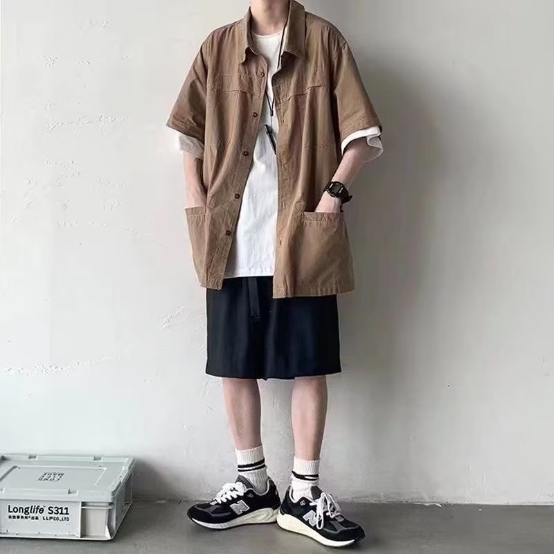 ✦AFFLIGA✦ Áo Sơ Mi Ngắn Tay Dáng Rộng Thời Trang Mùa Hè Phong Cách Retro Dành Cho Nam