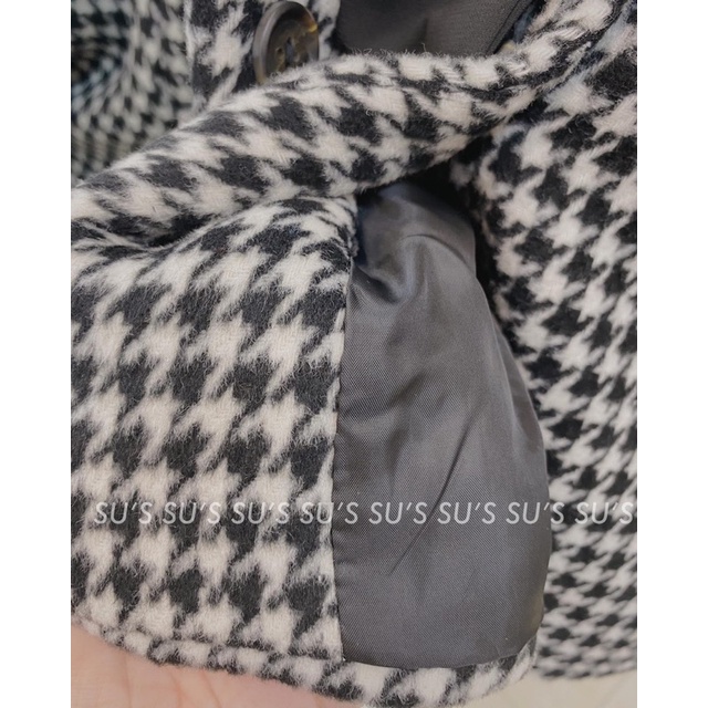 Áo khoác dạ kẻ caro đen trắng cổ sen nơ ngực dáng babydoll cúc trước tay rộng Hàn Quốc