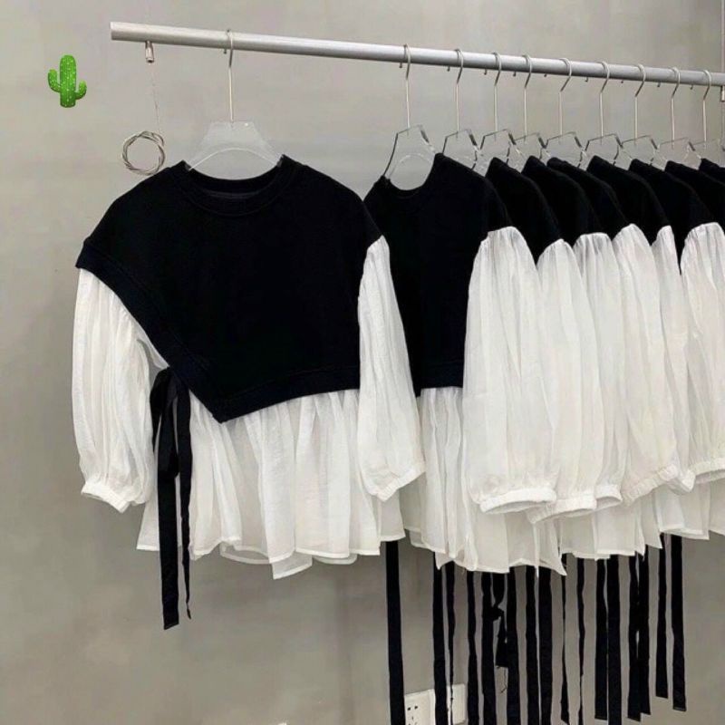 [CLIP THẬT] [HÌNH THẬT] Áo babydoll phối thun in chữ 2 MÀU ĐEN VÀ NÂU  kèm video thật UK144212