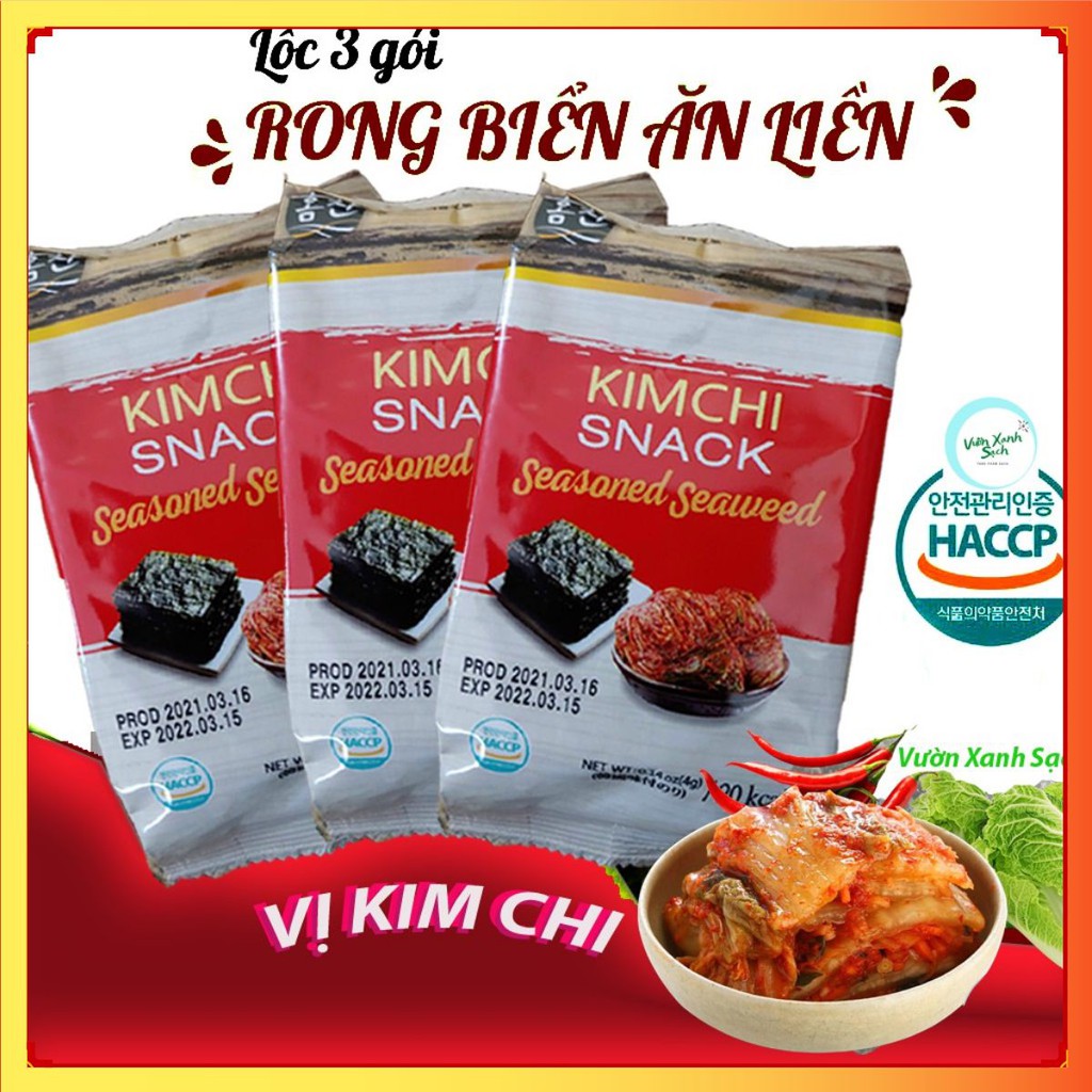 Rong biển ăn liềnVị Kim ChiRong biển cháy tỏi Hàn Quốc/lốc 3 gói / Vị hơi cay/Thơm ngon/Bổ dưỡng/Hàng Nhập khẩu