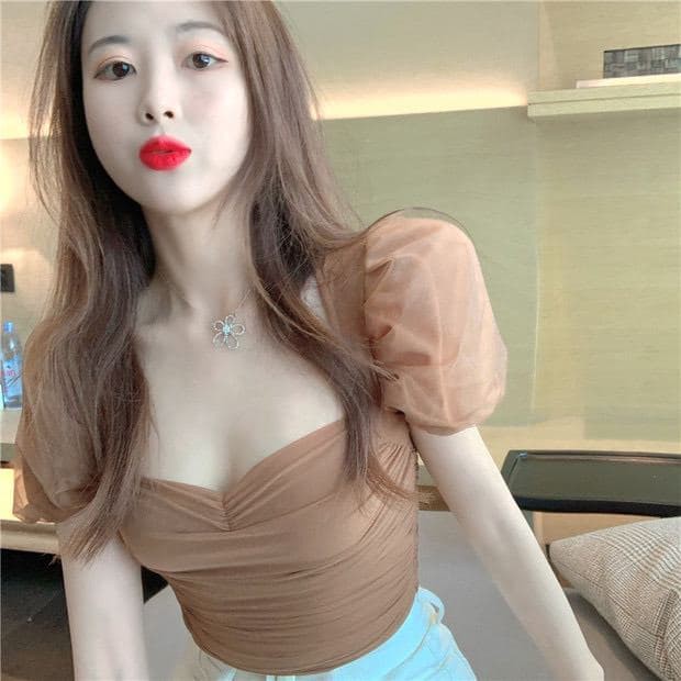[Mã WASKT410K giảm 10K đơn 50K] Áo Croptop Lưới Tay Phồng Cúp Ngực (NUDE) | BigBuy360 - bigbuy360.vn
