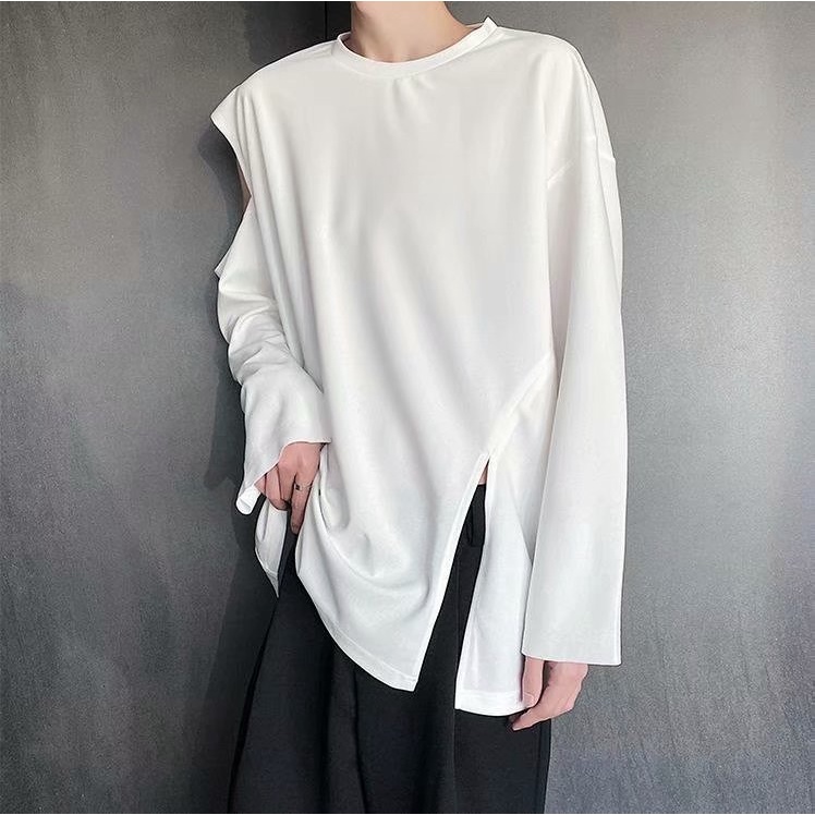 Áo tay dài cổ tròn xẻ tà hông phong cách Hàn Quốc cho nam
