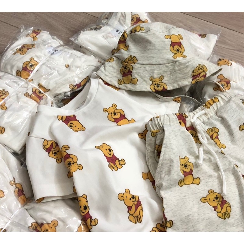 Bộ cộc gấu Pooh kèm mũ vành HM 1-6Y (có ảnh thật)