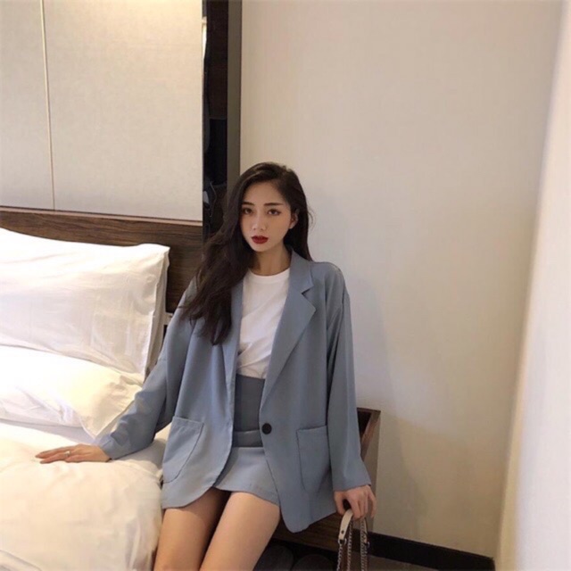 Set áo khoác kèm chân váy xanh