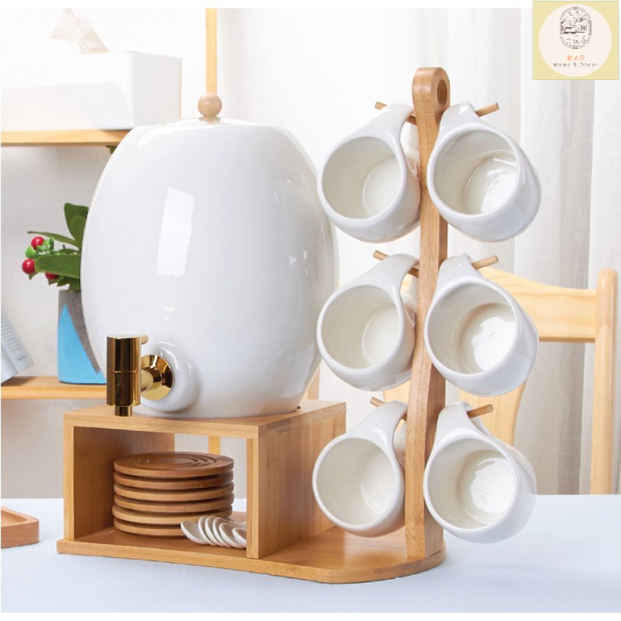 Bộ ấm chum chén sứ trắng kèm khay gỗ treo cao cấp - 20 chi tiết