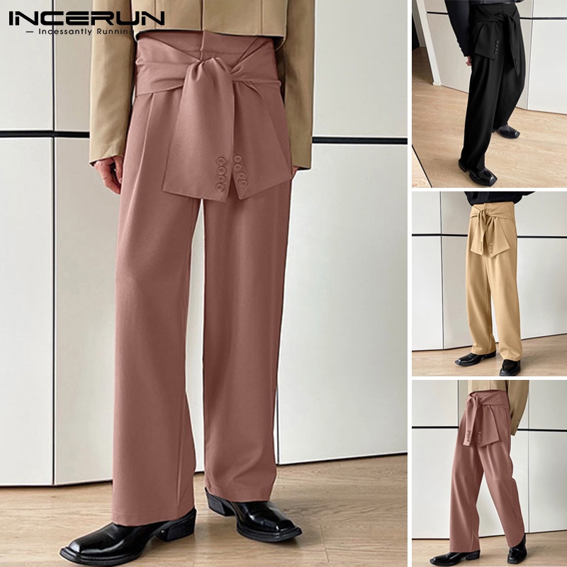 Quần dài INCERUN phối dây buộc màu trơn ống suông rộng thời trang thường ngày dành cho nam