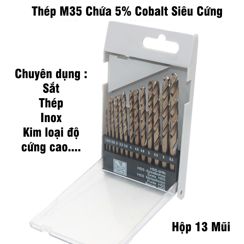 Bộ 13 Mũi Khoan Sắt, Thép, Inox Chất Liệu HSS CO Phủ Cobalt 5% Chân Tròn