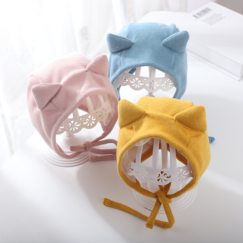Mũ thu đông trẻ em 2 lớp dày dặn buộc dây - tai mèo