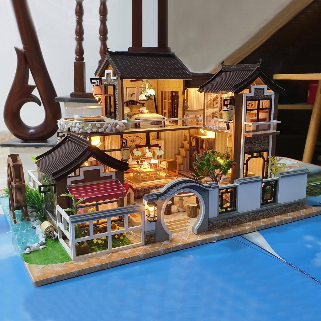 Mô hình nhà DIY Doll House Dream in Ancient Town Kèm Mica Chống bụi, Bộ dụng cụ, Keo dán và Bộ phát nhạc