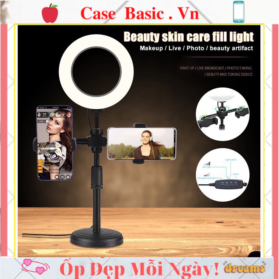 Gậy kèm Đèn livestream 16cm , giá đỡ điện thoại, quay tiktok ,quay video, chụp ảnh ,make up 2 kẹp điện thoại [ĐEN16]