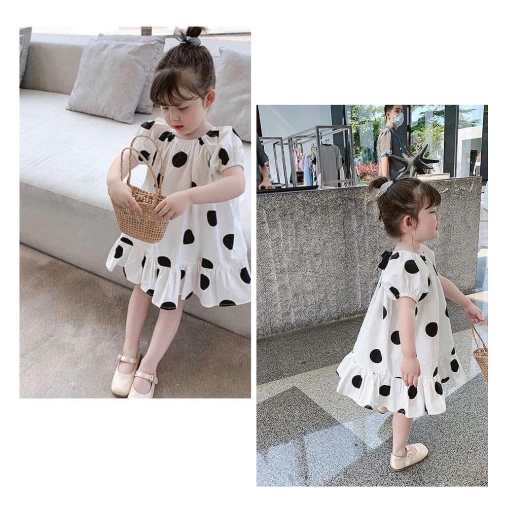 Váy bé gái - Váy trắng chấm bi to tay điệu