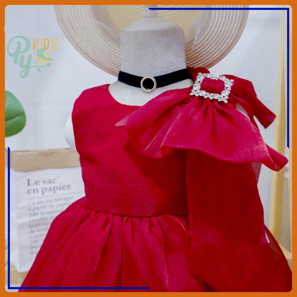 Đầm sát nách công chúa tơ ánh, đính nơ bên vai có 2 màu trắng và đỏ cho bé gái đi tiệc size 10-18 kg