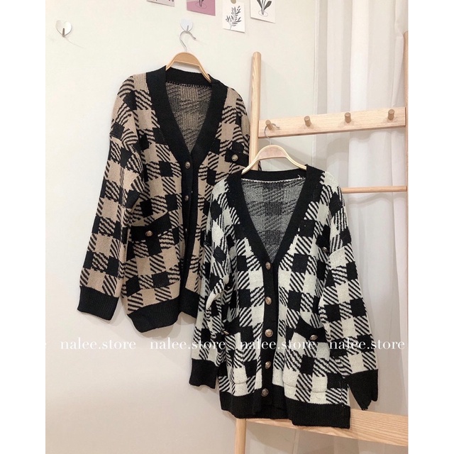 Len cardigan kẻ ô