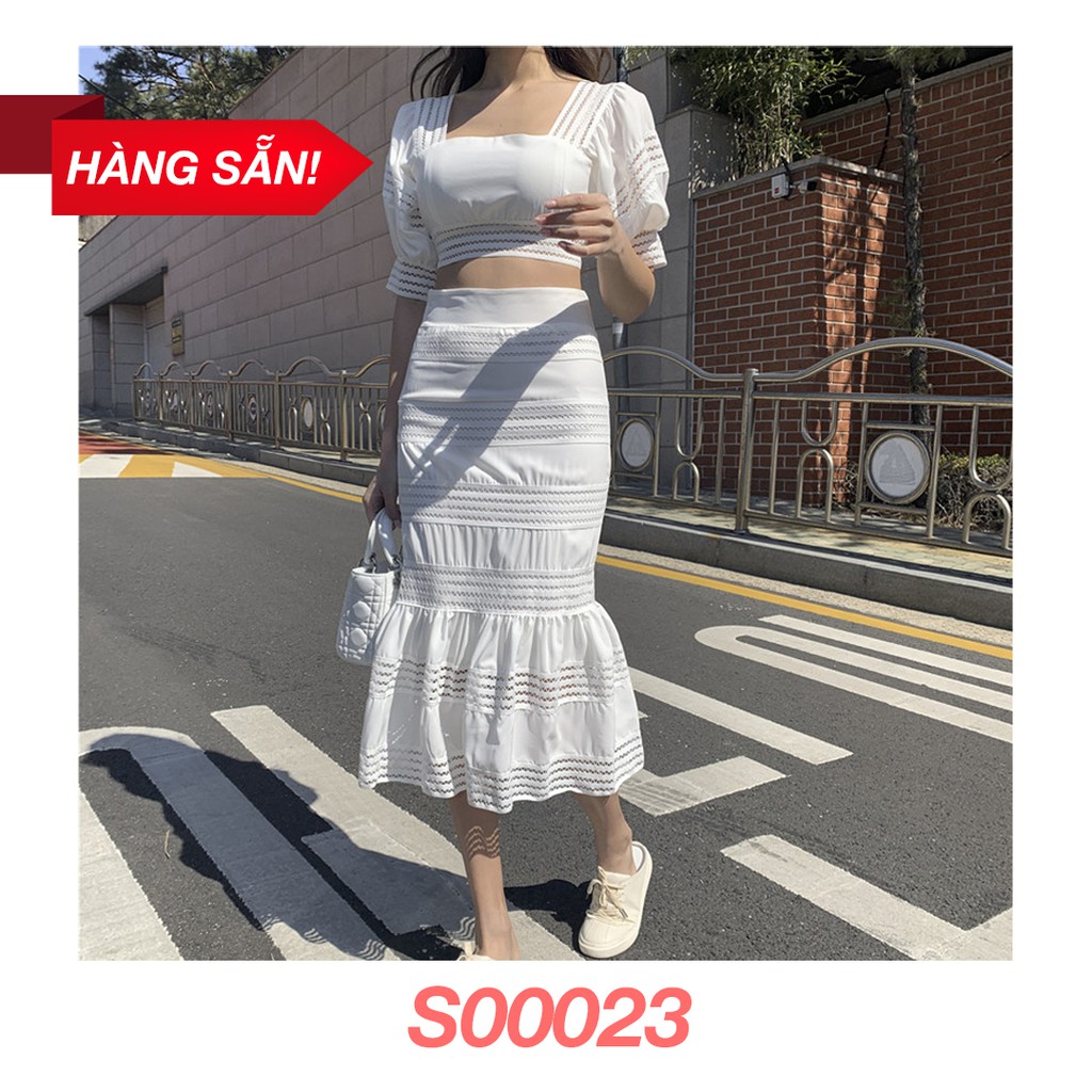 Set Trắng Áo Cổ Vuông Dáng Lửng + Chân Váy Đuôi Cá Dáng Dài Dạo Phố Xinh Xắn S00023 | BigBuy360 - bigbuy360.vn
