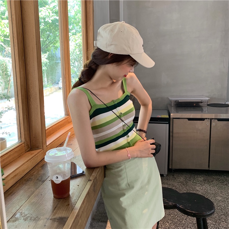 Áo dệt kim ZHELIHANGFEI không tay họa tiết sọc nhiều màu sắc retro thời trang mùa hè phong cách Hong Kong cho nữ