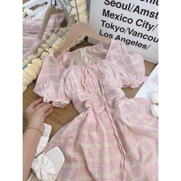 💥CÓ SẴN💥 Đầm carro hồng nhíu ngực công chúa kute ♥️ẢNH THẬT♥️