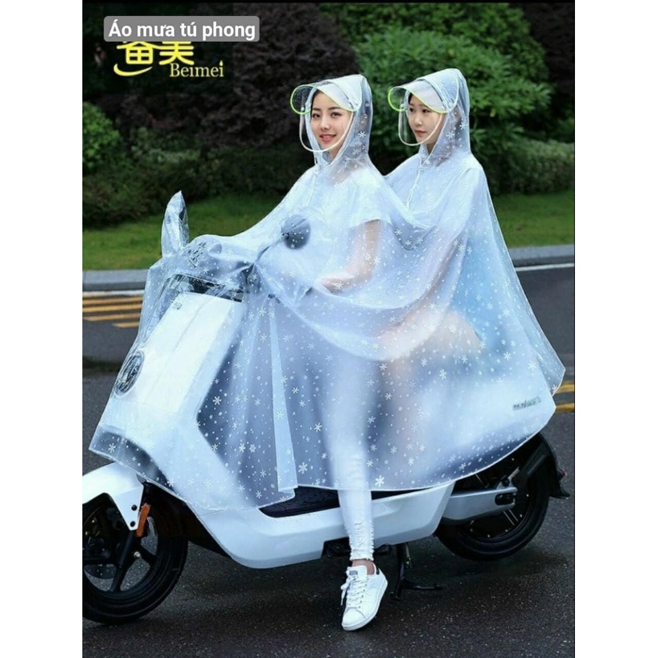 Áo mưa trong suốt 1 và 2 đầu có kính che mặt độ phủ rộng , bao chụp gương hoa tiết hoa tuyết