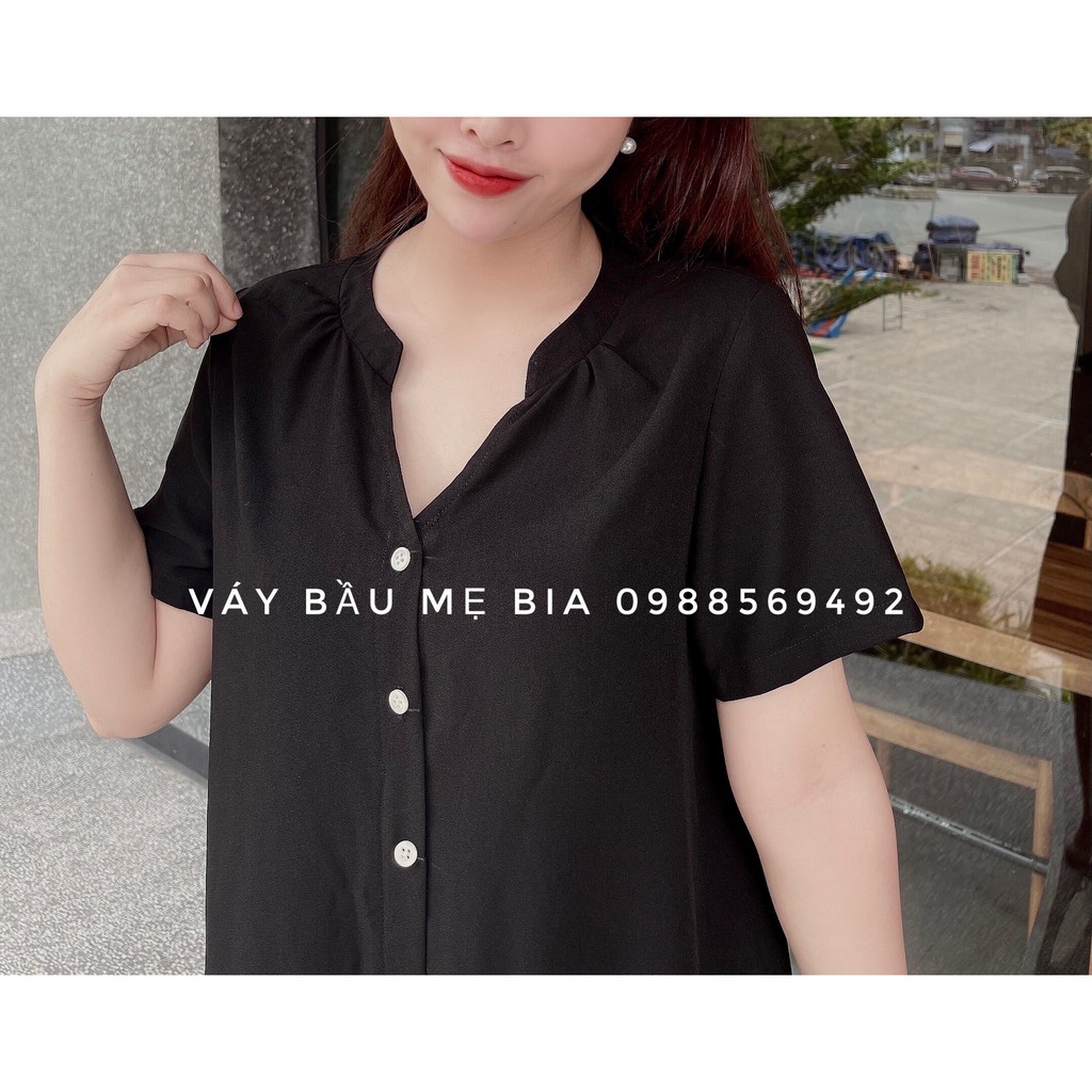 Váy bầu bigsize -Đầm bầu thiết kế GuMe màu ĐEN ĐUÔI CÁ CỔ TÀU V khuy dọc chất vải sạn lụa size từ 40-100kg MB248