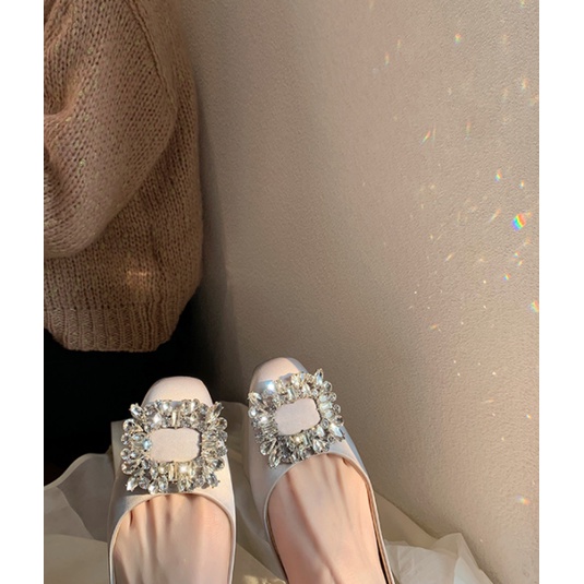 Giày Búp Bê Mũi Vuông Đính Đá Sang Trọng Cho Nữ