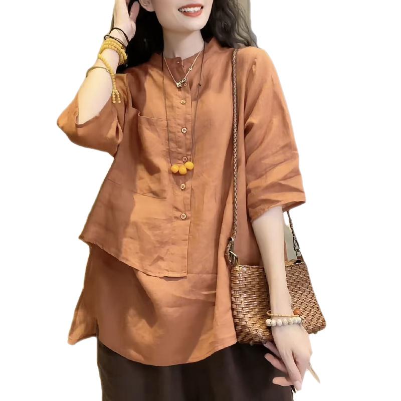 Áo Sơ Mi Vải Lanh Cotton Mỏng Dáng Rộng Tay Lỡ 2 Thiết Kế Kiểu Retro Cho Nữ