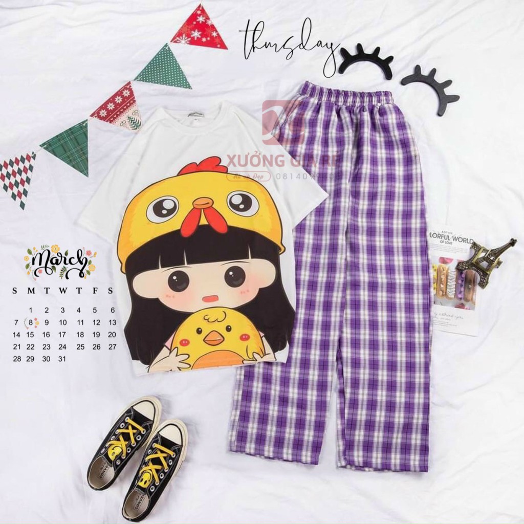 Set đồ nữ quần kẻ caro ống rộng, áo thun Unisex tay lỡ CHILL SHOP, thoáng mát freesize dưới 60kg | BigBuy360 - bigbuy360.vn