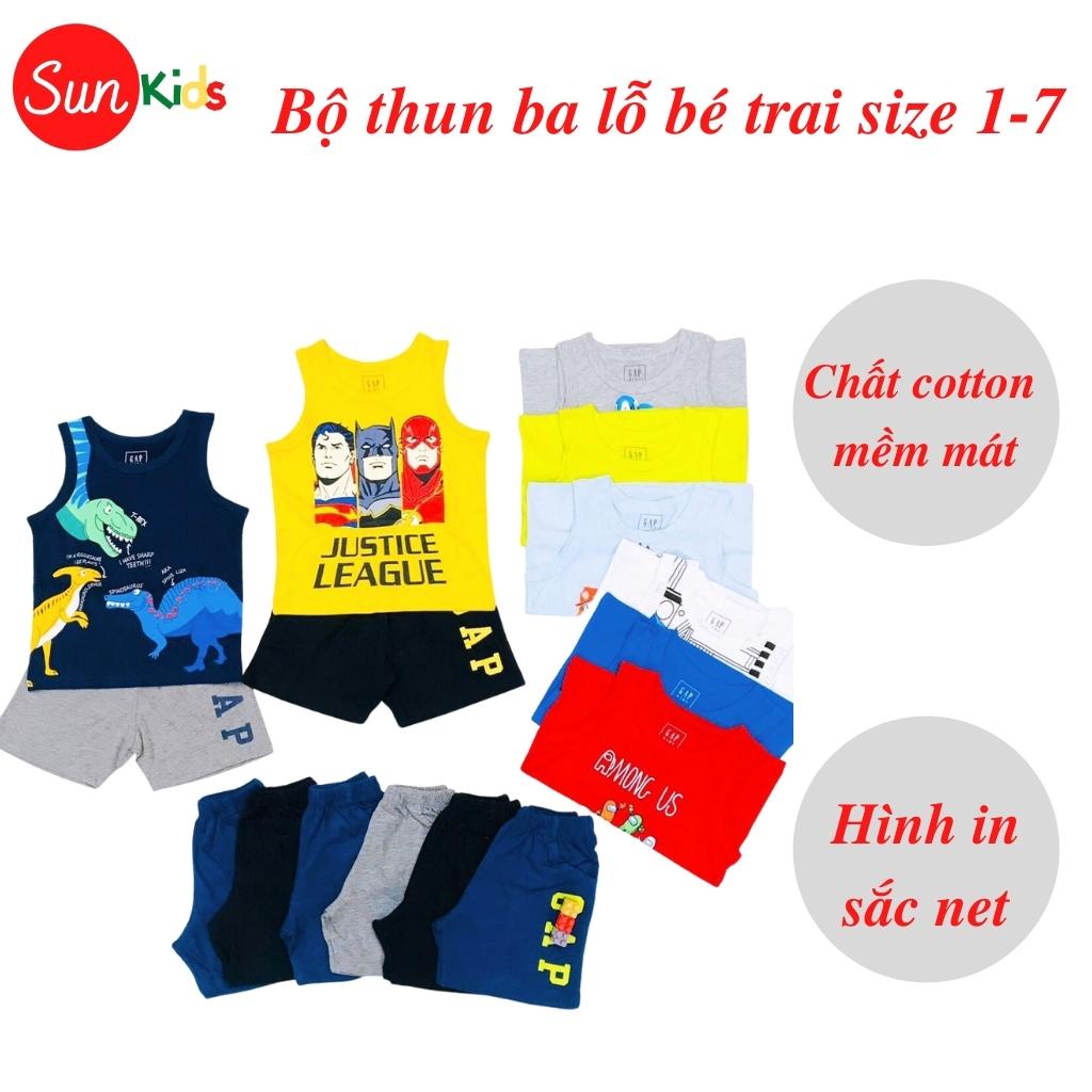 Đồ bộ bé trai, bộ ba lỗ cho bé chất thun cotton, nhiều màu, size 1-7 tuổi - SUNKIDS