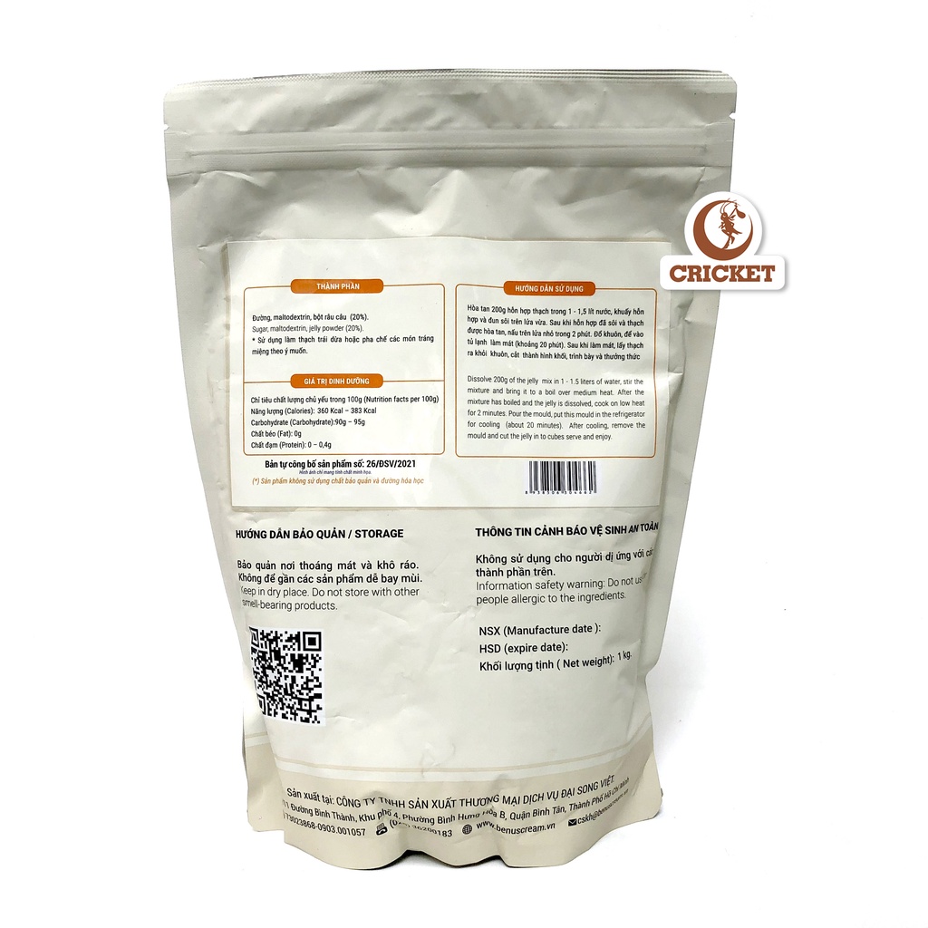 Bột Rau Câu Nhiều Vị BENUSCream Túi 1kg - Nguyên liệu nấu rau câu dừa, thạch trà sữa ngon- Nguyên Liệu Trà Sữa CRICKET