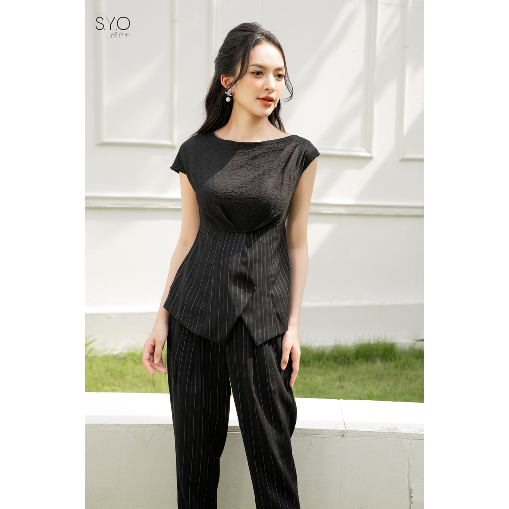 SYO- ÁO PEPLUM PHỐI KẺ , LỆCH VAI - ĐEN KẺ A2035-22