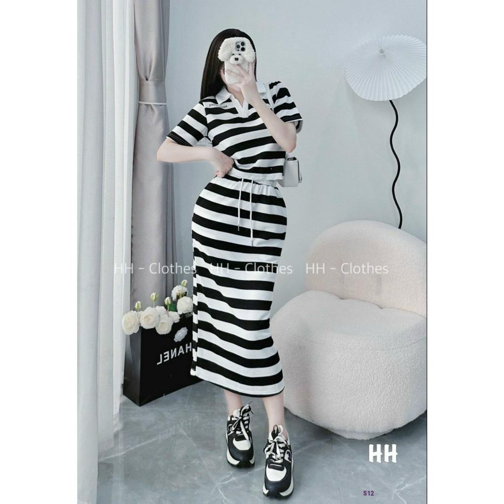 [6.6 Sales Freeship] Set váy thun kẻ sọc trắng đen basic, set áo cổ bẻ tay ngắn sọc ngang mix chân váy dài cá tính mtb