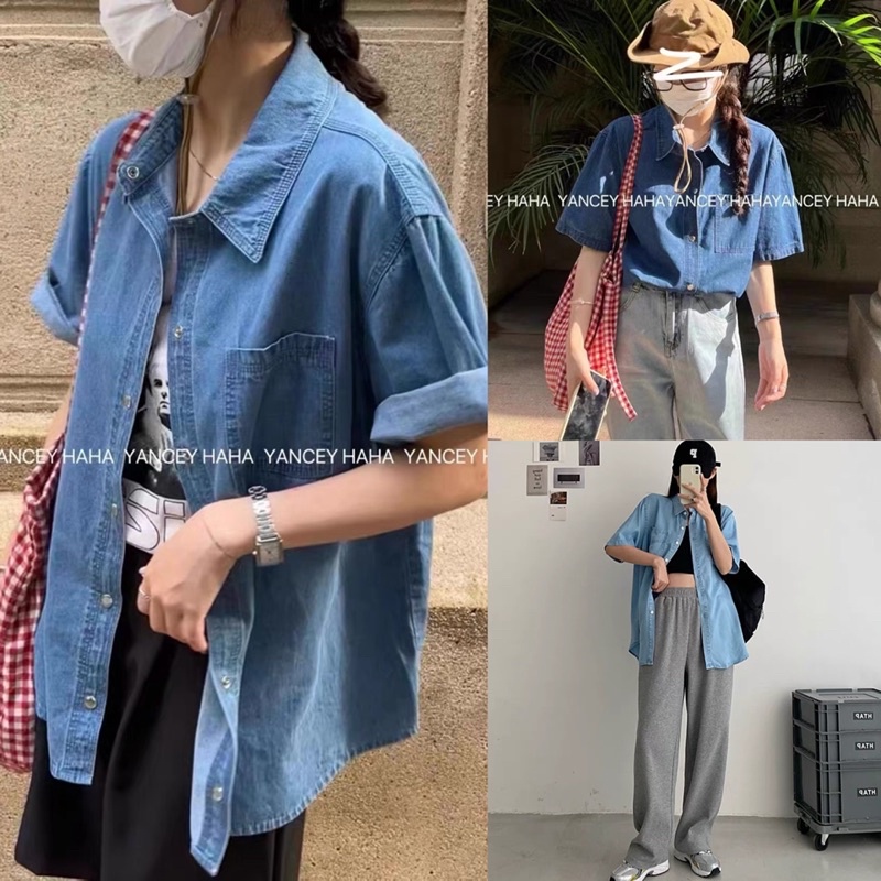 Áo sơ mi jean xanh tay bồng ulzzang Áo sơ mi form to Hàn Quốc