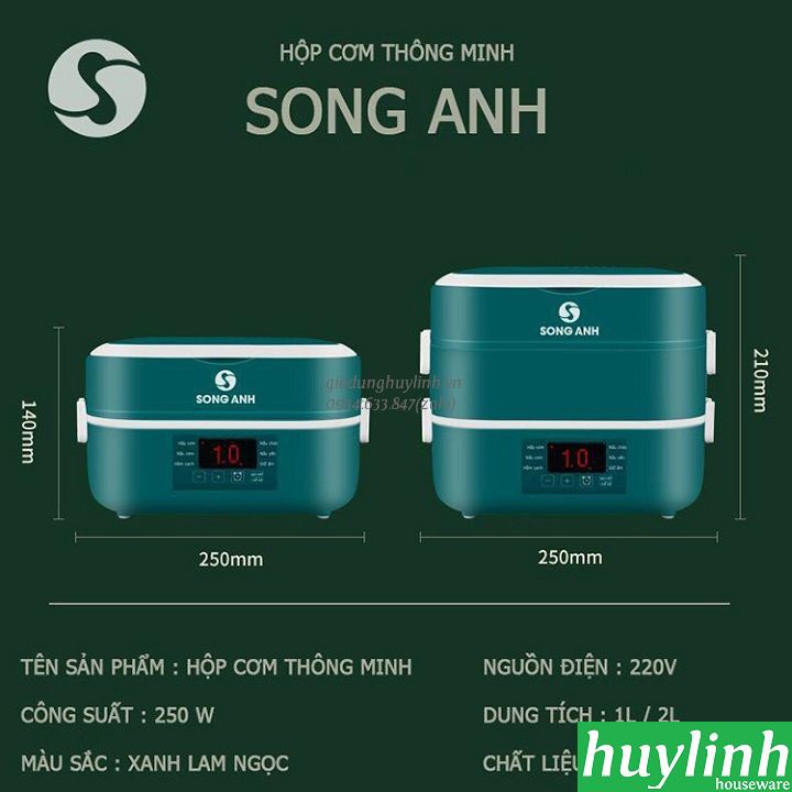 Hộp cơm hâm nóng thông minh Song Anh - 4 ngăn sứ 2 lít [Green Line RW-18]