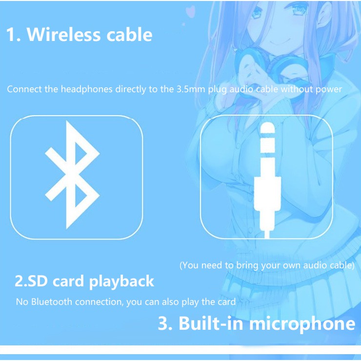 Tai nghe chụp tai bluetooth 5.0 họa tiết anime Nhật Bản Nakano Miku hóa trang dành cho điện thoại