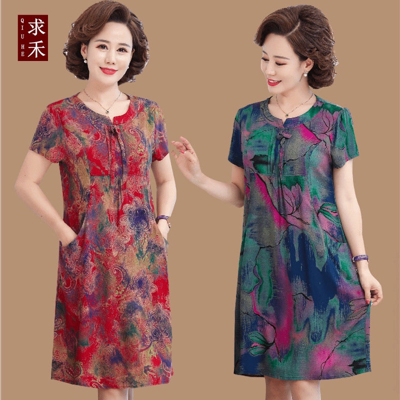 Đầm cotton dày cho người trung niên và người già, đầm mẹ cổ tròn tay ngắn
