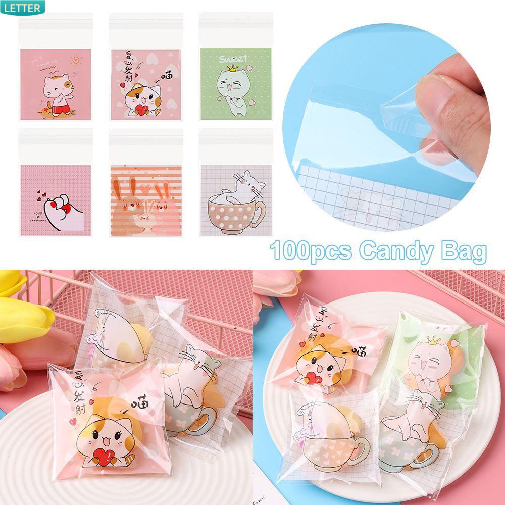Set 100 Túi Nhựa OPP Kích Thước 7x7cm In Họa Tiết Mèo Hoạt Hình Có Keo Dán Dùng Để Đựng Bánh Quy
