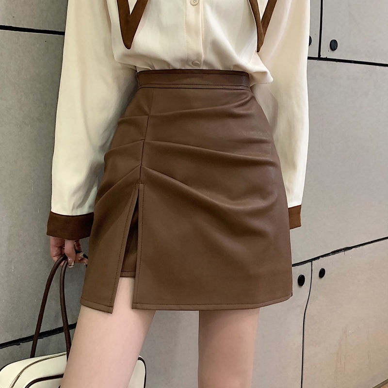 Chân váy chữ A lưng cao bằng da PU xẻ tà thời trang thu đông chất lượng cao