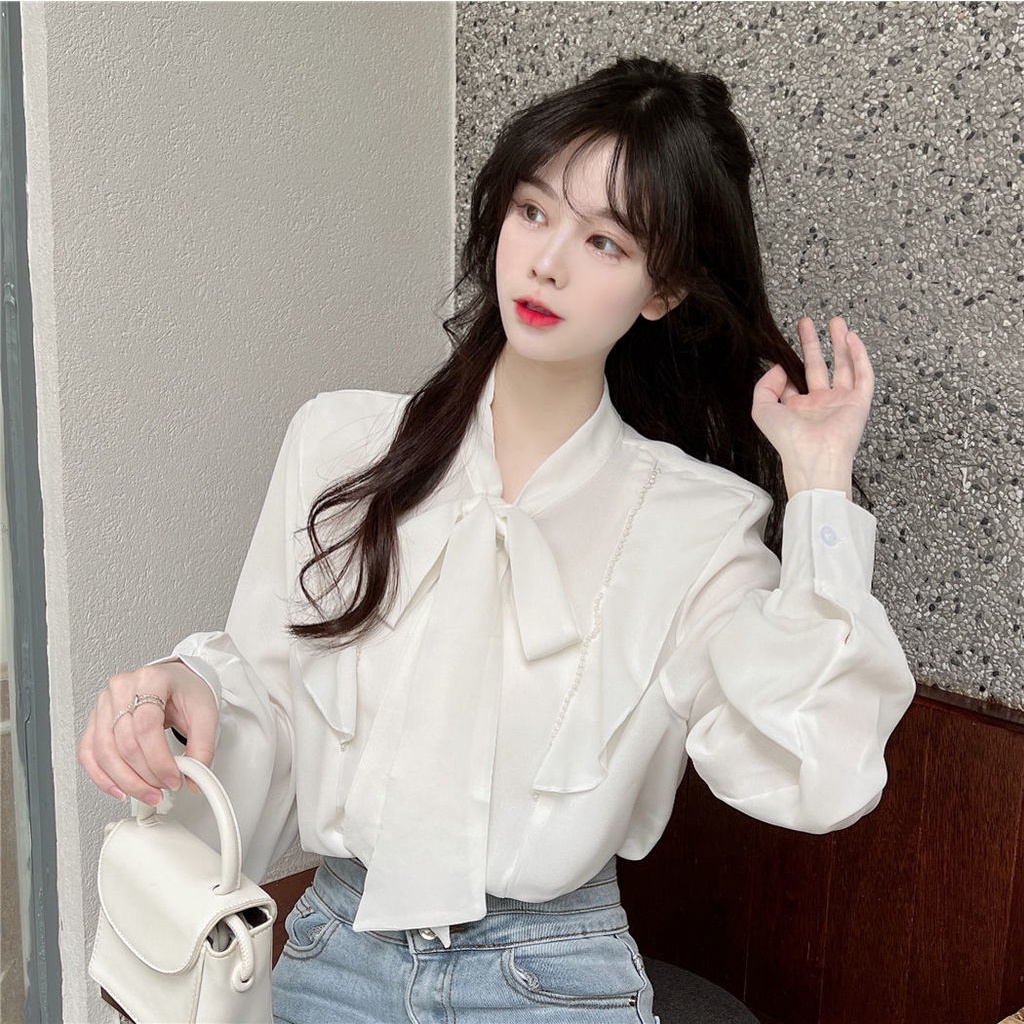 Áo Sơ Mi Trắng Đính Nơ Phong Cách Phương Tây Cho Nữ