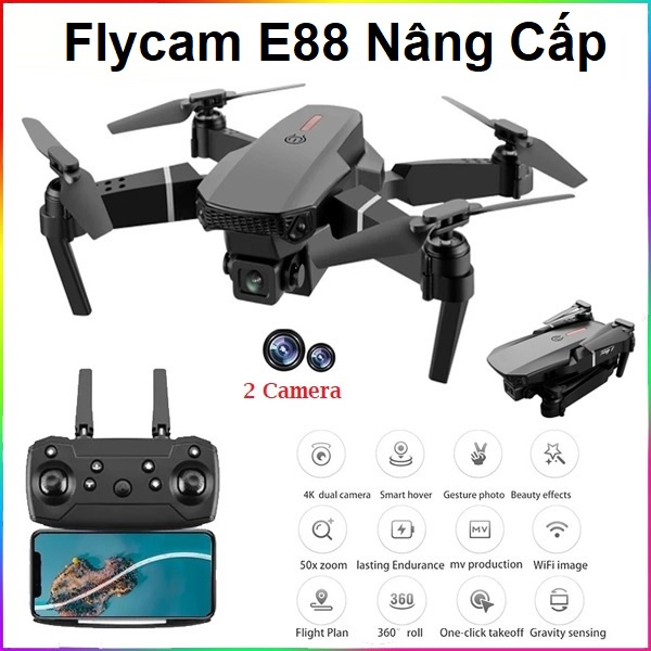 Flycam E88 mini giá rẻ ✅Update 2023✅ có điều khiển từ xa drone 4k - kết nối điện thoại bay xa 200 mét
