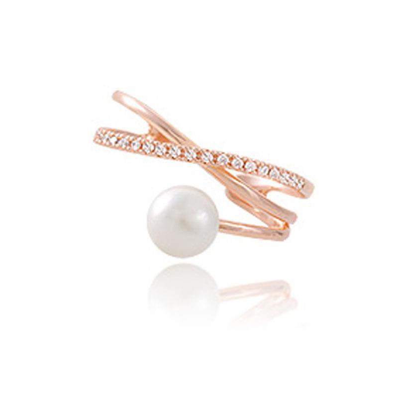 Nhẫn dạng mở Etrendy gắn ngọc trai nhân tạo và zircon thiết kế chéo xinh xắn hợp thời trang cho nữ