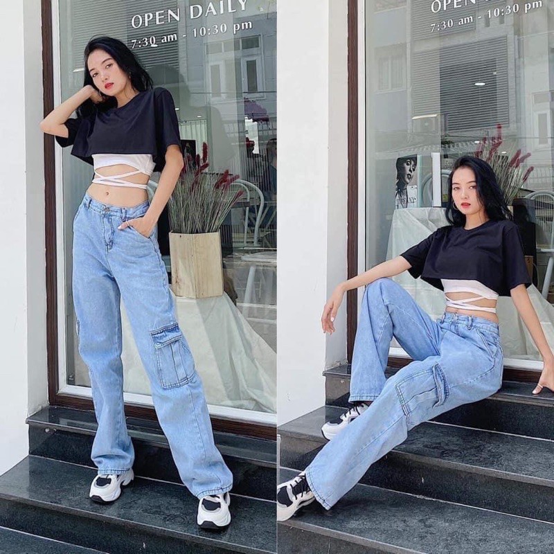 Quần jeans túi hộp ống rộng