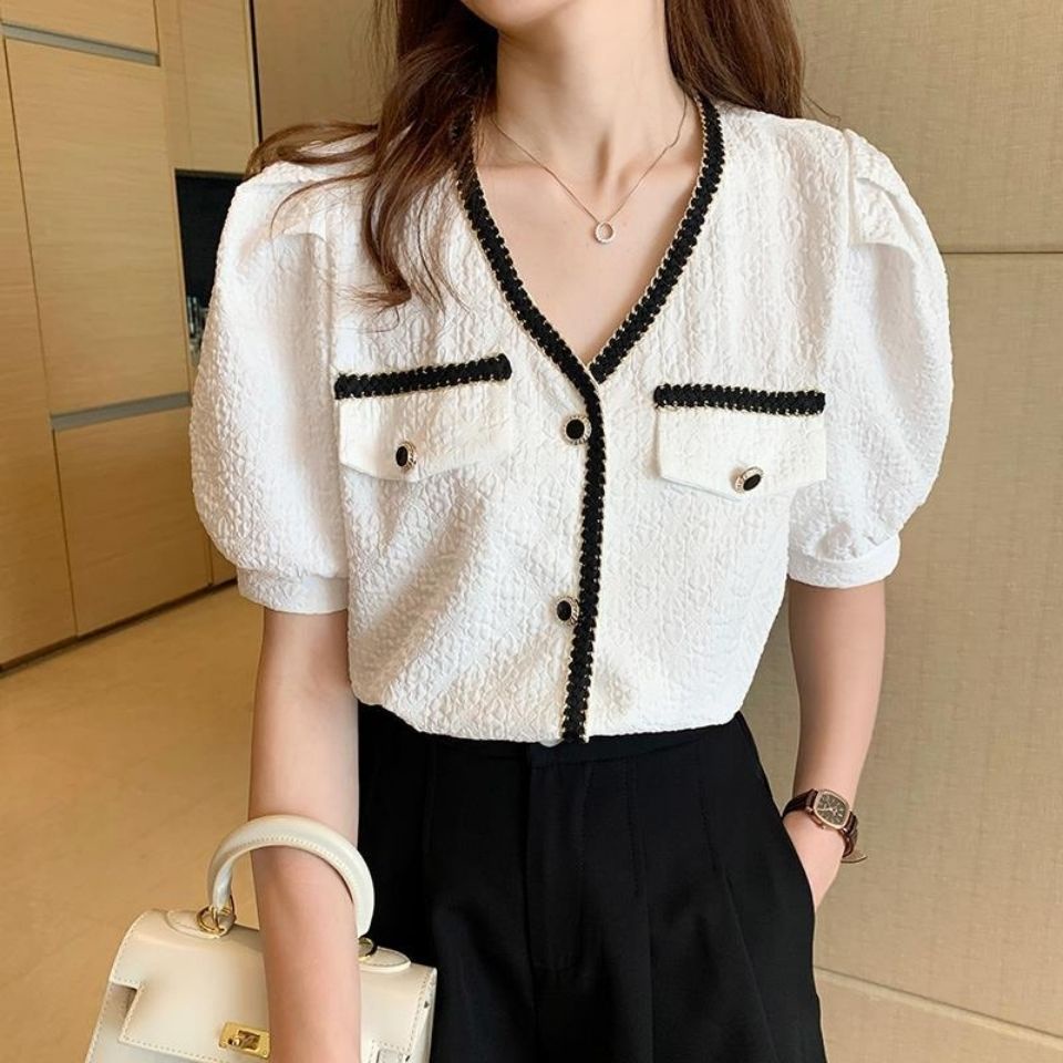 Áo Sơ Mi Voan Mỏng Tay Phồng Ngắn Cổ Chữ V Thời Trang Mùa Hè Kiểu Pháp Thiết Kế Mới Dành Cho Nữ 2023