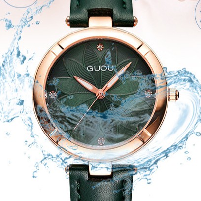 Đồng hồ nữ đeo tay dây da Guou viền mạ vàng chính hãng chống nước tuyệt đối 6006