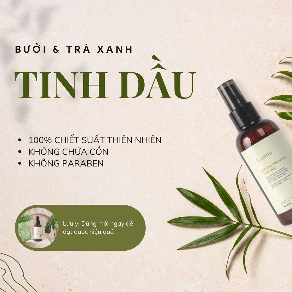 Nước dưỡng tóc tinh dầu bưởi giúp giảm gãy rụng &amp; làm mềm tóc 140ml Cocoon PEPTIDE GREEN TEA HAIR MIST Chính Hãng Azanmi