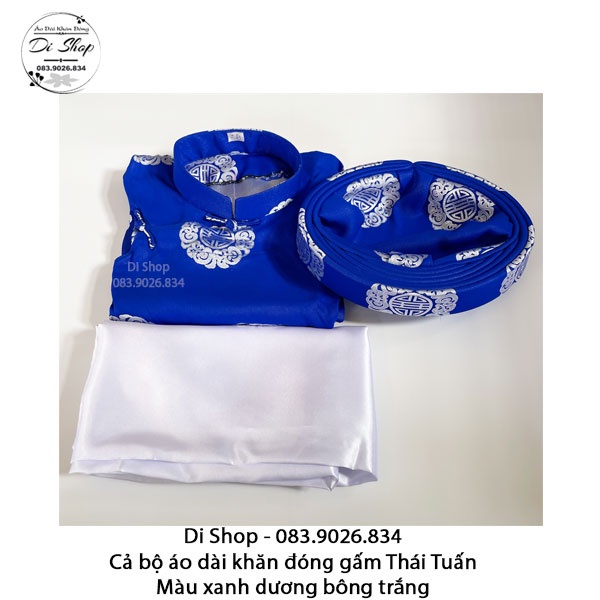 Cả bộ Áo dài khăn đóng truyền thống nam gấm Thái Tuấn chính hãng gồm  - MÀU XANH DƯƠNG BÔNG TRẮNG