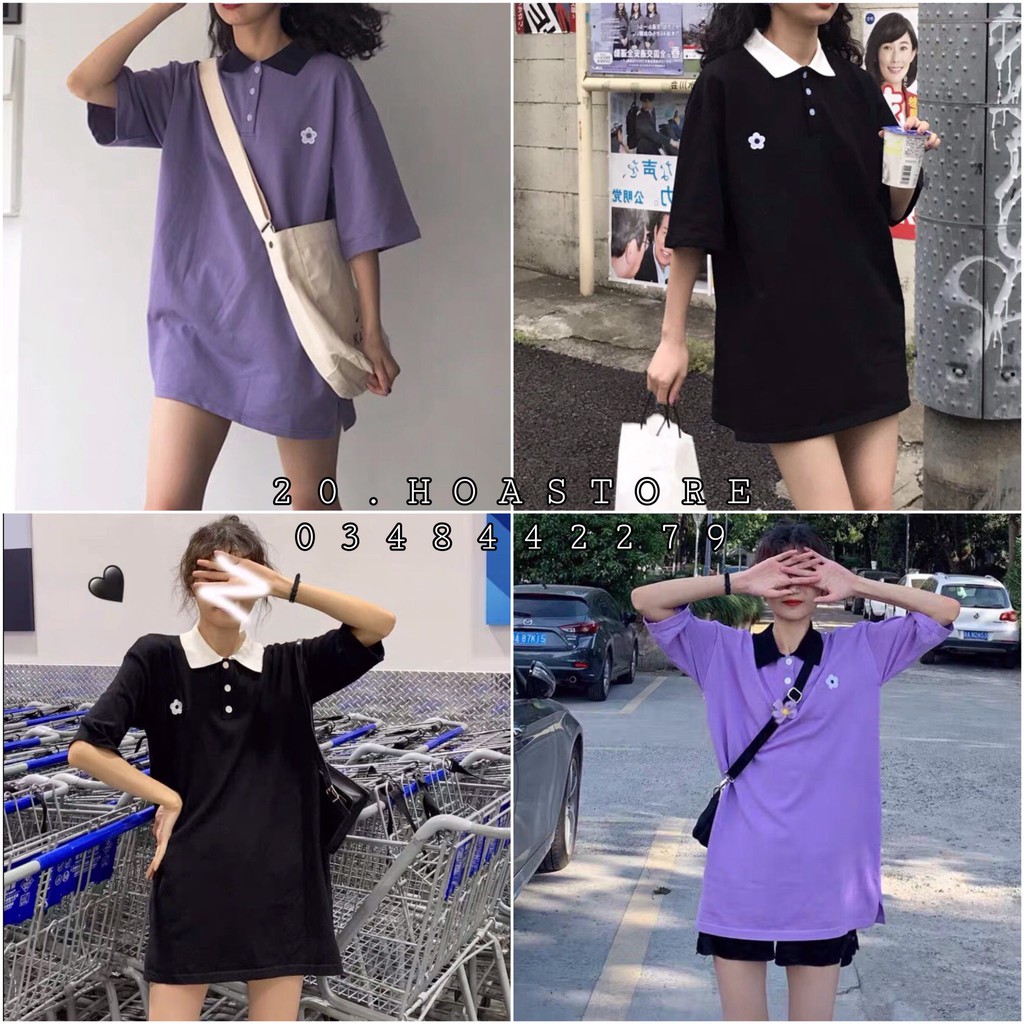 ÁO THUN POLO THÊU BÔNG HOA ĐEN TÍM UNISEX