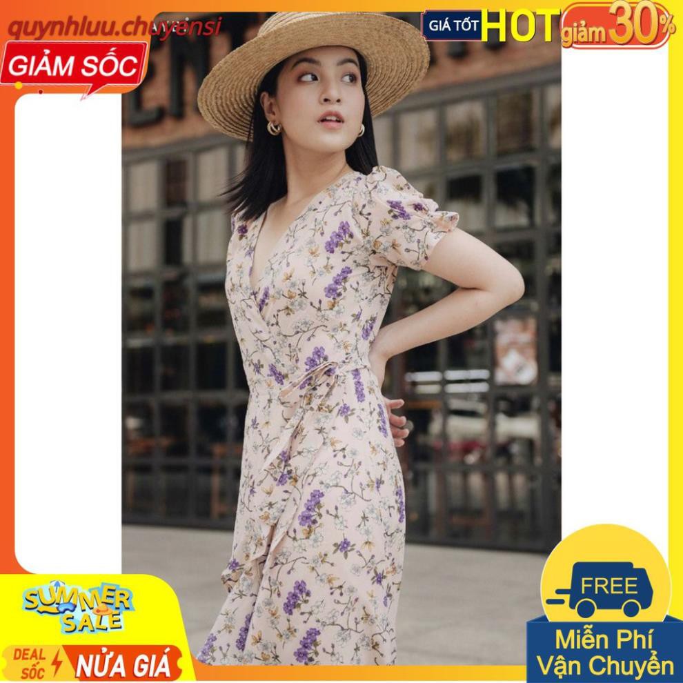 M30 -VÁY HOA TÍM CỔ V CHÉO VẠT BUỘC EO CHO NỮ  ྇