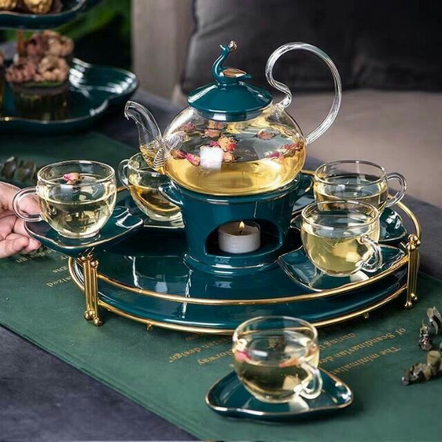 Bộ trà thủy tinh khay xanh