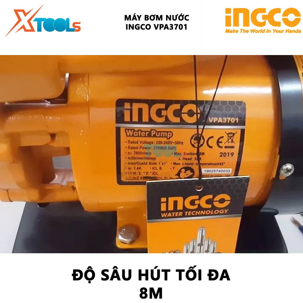 Máy bơm nước INGCO VPA3701 Máy bơm nước tăng áp Điện thế: 220-240V~50Hz Công suất 370W(0.5HP) Chiều cao bơm tối đa 32 m